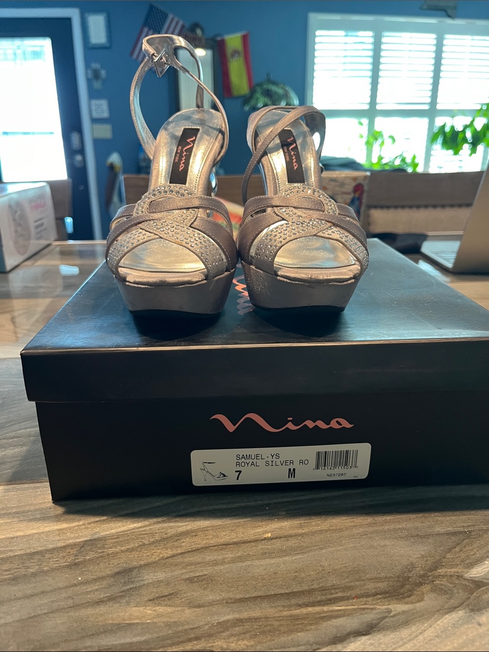 Nina Silver Metallic Platform Peep-Toe Heels with Ankle Strap